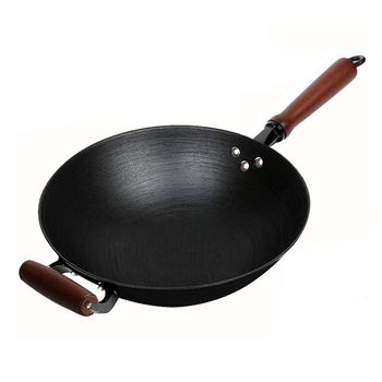 Wok tradițional din fontă, fără strat, pentru uz casnic, fund rotund și plat, compatibil cu plita cu inducție și aragaz