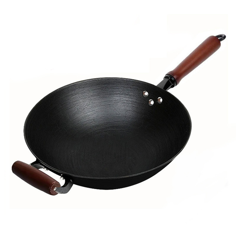 Wok tradițional din fontă, fără strat, pentru uz casnic, fund rotund și plat, compatibil cu plita cu inducție și aragaz