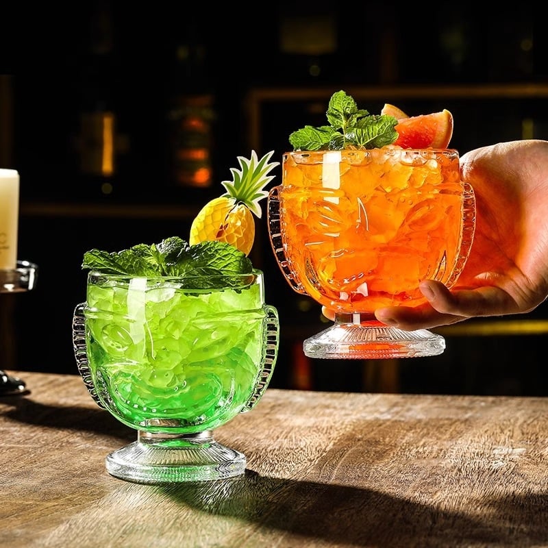 Pahar tiki din sticlă Hawaii cu față de zombie pentru cocktailuri