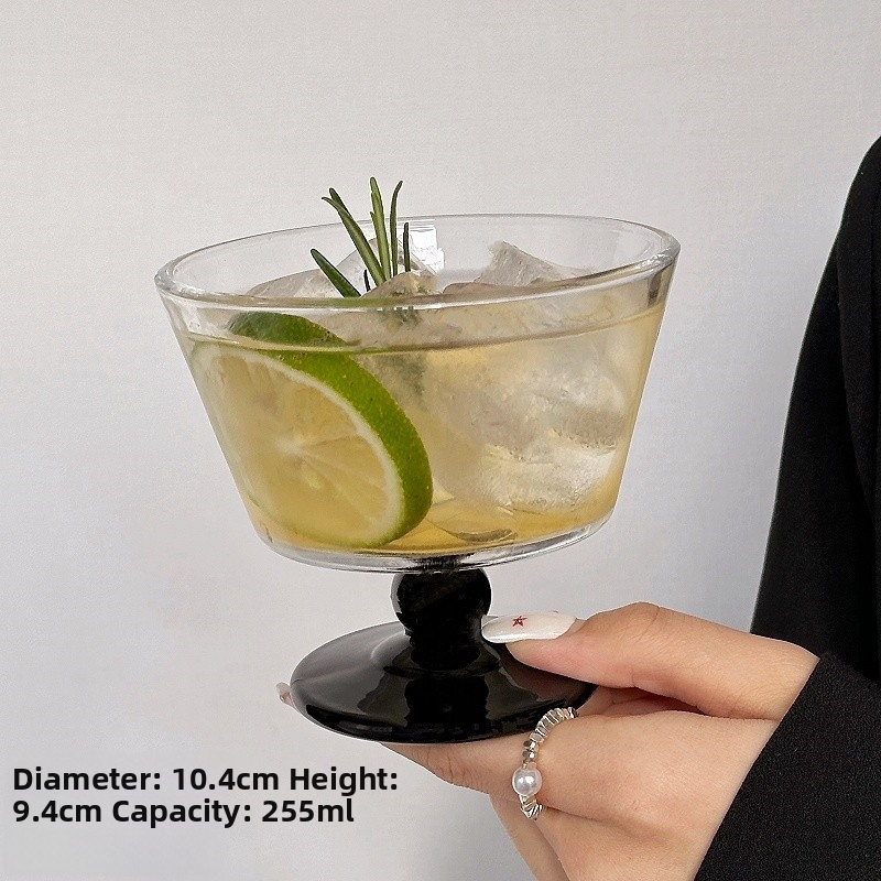 Pahar din sticlă cu bază transparentă neagră, design discret și elegant pentru deserturi, lichior, vin și băuturi reci
