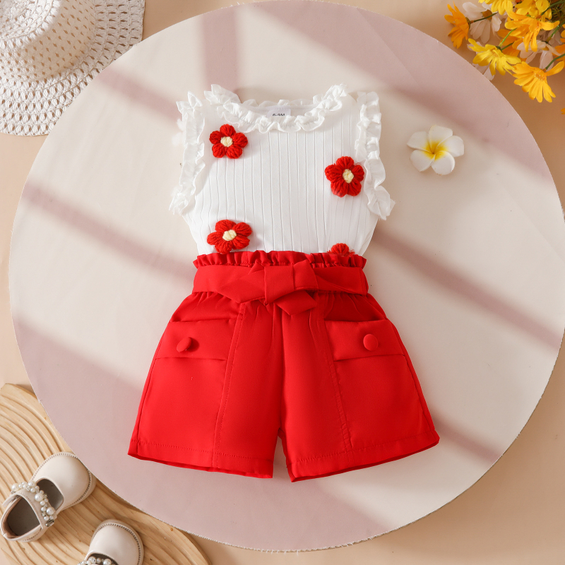 Set de vară pentru fetițe: două piese, top fără mâneci cu floare 3D din tricot și textură în rib, pantaloni scurți