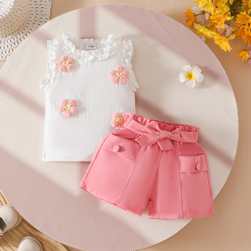 Set de vară pentru fetițe: două piese, top fără mâneci cu floare 3D din tricot și textură în rib, pantaloni scurți