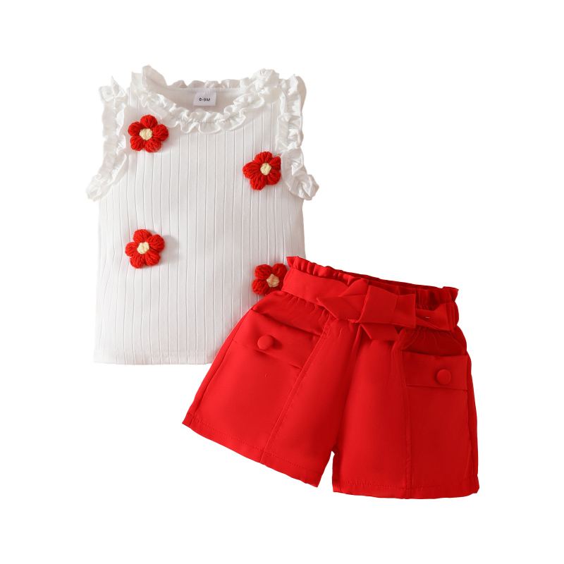 Set de vară pentru fetițe: două piese, top fără mâneci cu floare 3D din tricot și textură în rib, pantaloni scurți