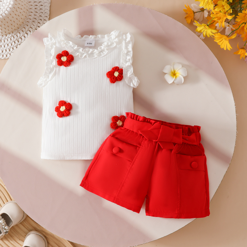 Set de vară pentru fetițe: două piese, top fără mâneci cu floare 3D din tricot și textură în rib, pantaloni scurți