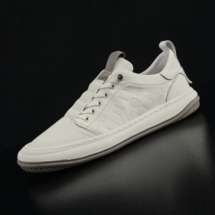 Pantofi sport albi pentru bărbați din piele, respirabili, talpă moale, stil coreean, slip-on casual, vârf rotund