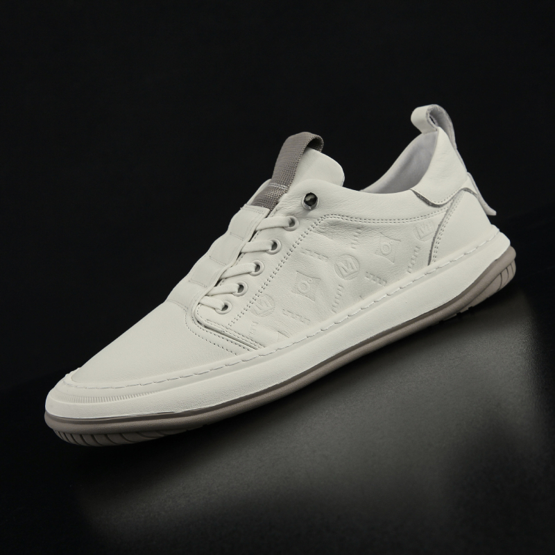 Pantofi sport albi pentru bărbați din piele, respirabili, talpă moale, stil coreean, slip-on casual, vârf rotund
