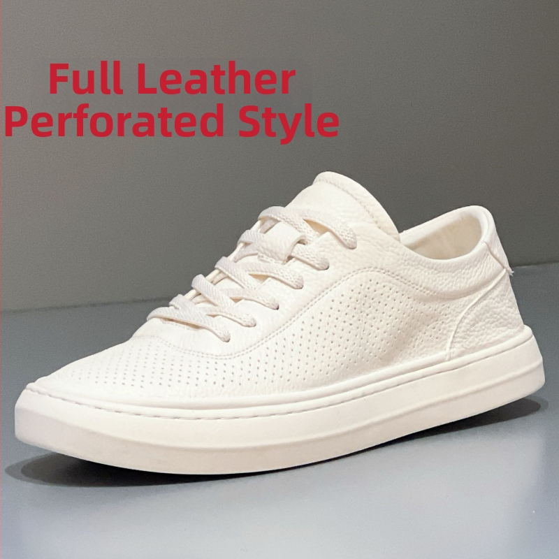 Adidași albi pentru bărbați din piele top-grain perforată, respirabili și ușori