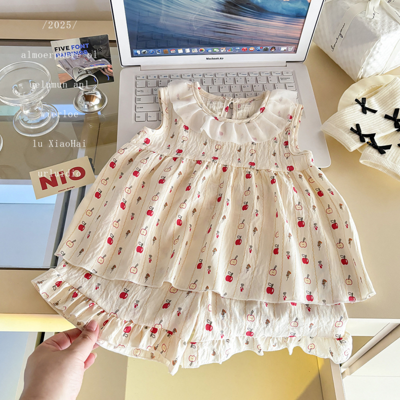 Rochie de prințesă fără mâneci pentru fetițe, vară, imprimeu floral drăguț, îmbrăcăminte pentru copii, set din două piese cu bordură în nor și design desen animat