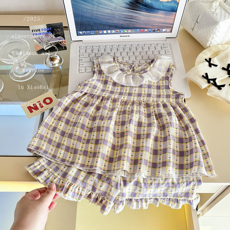 Rochie de prințesă fără mâneci pentru fetițe, vară, imprimeu floral drăguț, îmbrăcăminte pentru copii, set din două piese cu bordură în nor și design desen animat
