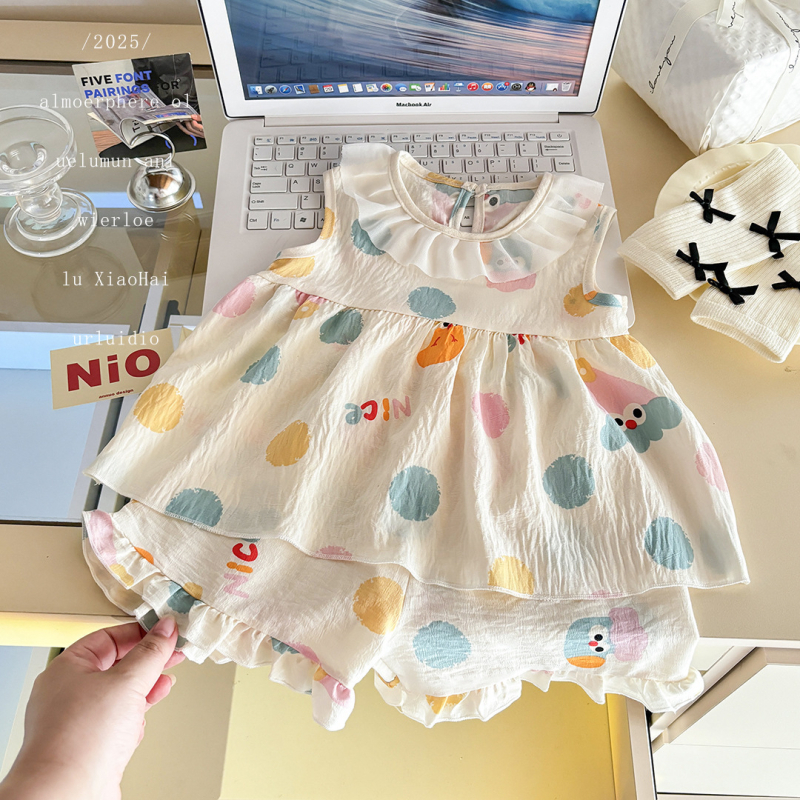 Rochie de prințesă fără mâneci pentru fetițe, vară, imprimeu floral drăguț, îmbrăcăminte pentru copii, set din două piese cu bordură în nor și design desen animat