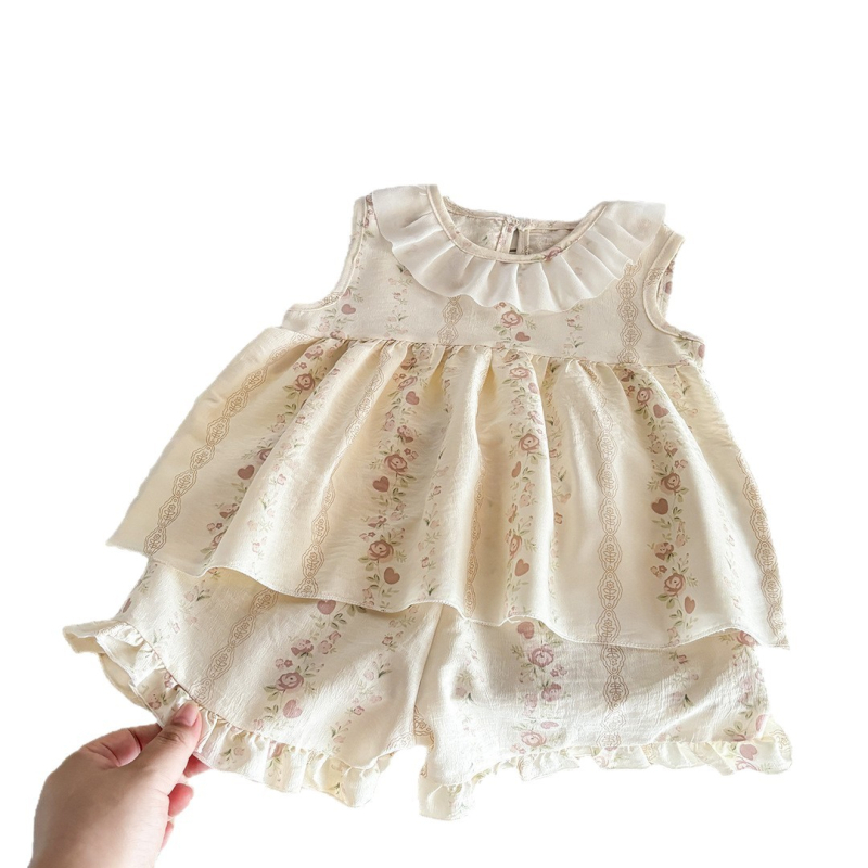 Rochie de prințesă fără mâneci pentru fetițe, vară, imprimeu floral drăguț, îmbrăcăminte pentru copii, set din două piese cu bordură în nor și design desen animat