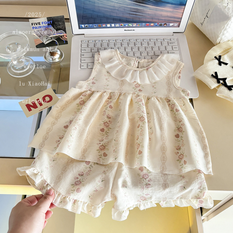 Rochie de prințesă fără mâneci pentru fetițe, vară, imprimeu floral drăguț, îmbrăcăminte pentru copii, set din două piese cu bordură în nor și design desen animat