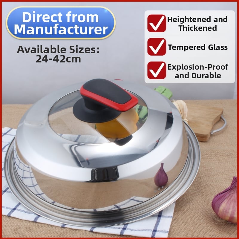 Capac de oală din oțel inoxidabil, geam securizat (tempered), 24–40 cm, înălțime suplimentară și grosime, transparent, pentru uz casnic