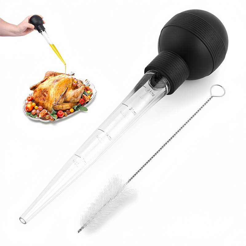 Kit de injectare pentru curcan cu ac pentru grătar, tub de picurare pentru condimente și perie de curățare