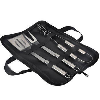 Set de unelte BBQ din trei piese cu husă de transport – unelte din oțel inoxidabil pentru exterior (clipsă, furculiță, spatulă)