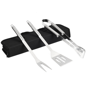 Set de unelte BBQ din trei piese cu husă de transport – unelte din oțel inoxidabil pentru exterior (clipsă, furculiță, spatulă)