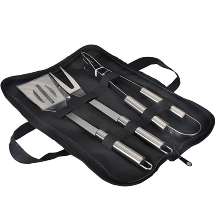 Set de unelte BBQ din trei piese cu husă de transport – unelte din oțel inoxidabil pentru exterior (clipsă, furculiță, spatulă)