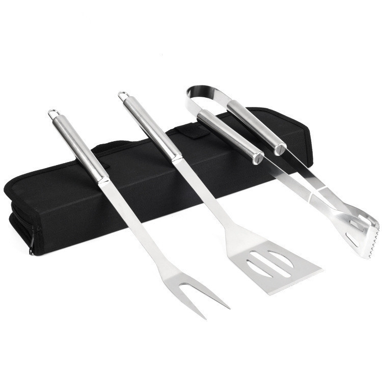 Set de unelte BBQ din trei piese cu husă de transport – unelte din oțel inoxidabil pentru exterior (clipsă, furculiță, spatulă)