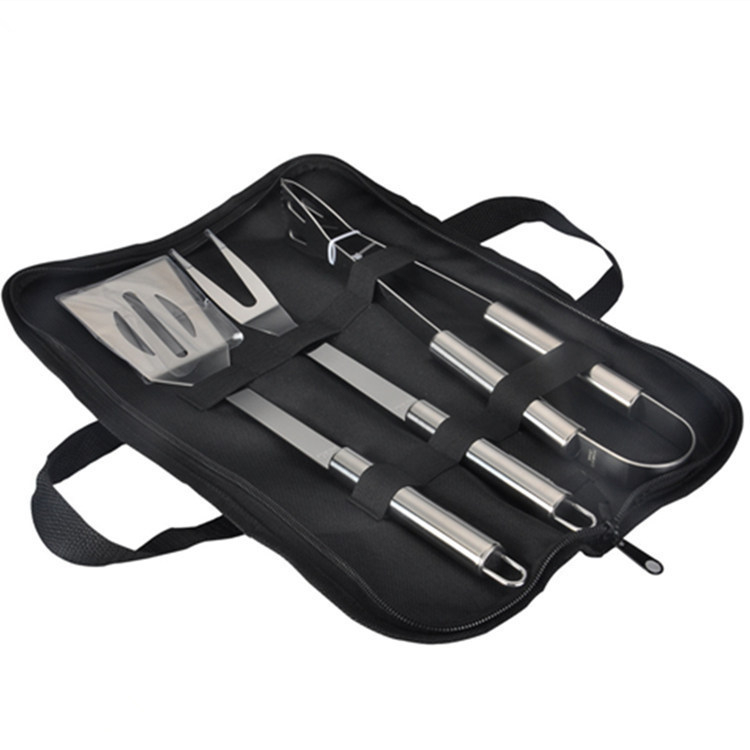 Set de unelte BBQ din trei piese cu husă de transport – unelte din oțel inoxidabil pentru exterior (clipsă, furculiță, spatulă)