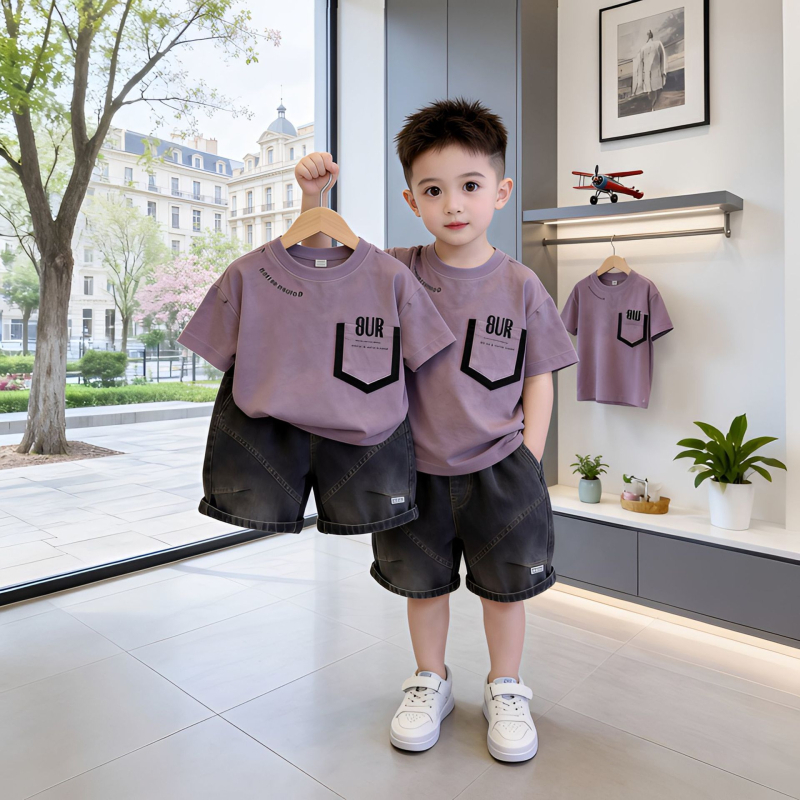 Set de vară pentru băieți, două piese, stil street coreean, tricou cu mânecă scurtă
