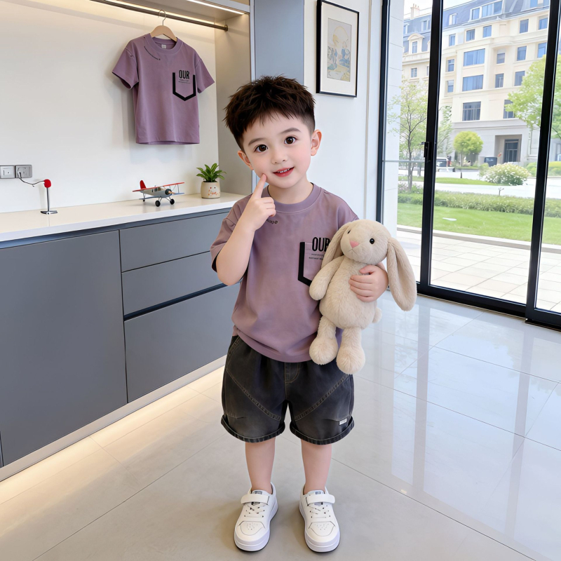 Set de vară pentru băieți, două piese, stil street coreean, tricou cu mânecă scurtă