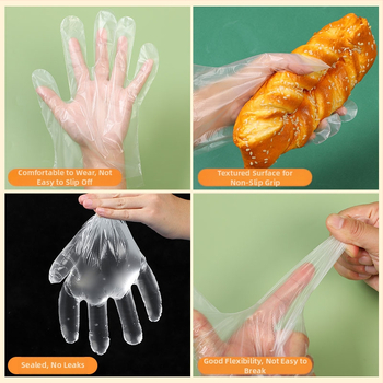 Mănuși de unică folosință transparente, mai groase, cu orificiu pentru agățare, din folie plastică pentru catering și înfrumusețare
