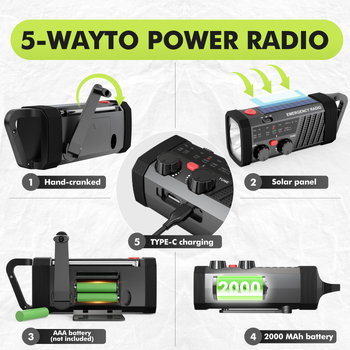 Radio de urgență cu manivelă și încărcare solară, lanternă LED, dispozitiv portabil multi-band pentru exterior