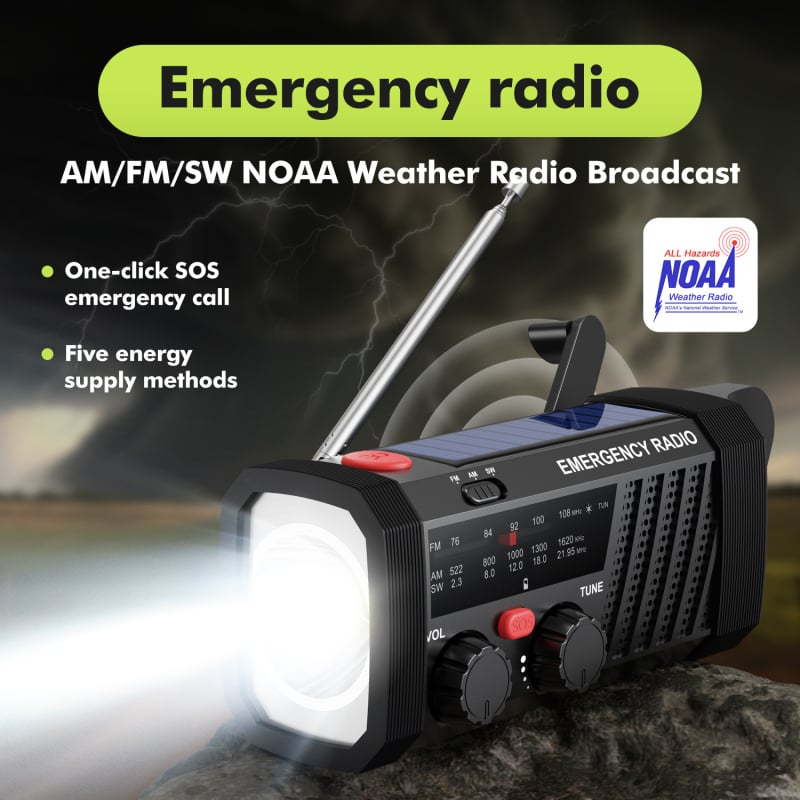 Radio de urgență cu manivelă și încărcare solară, lanternă LED, dispozitiv portabil multi-band pentru exterior