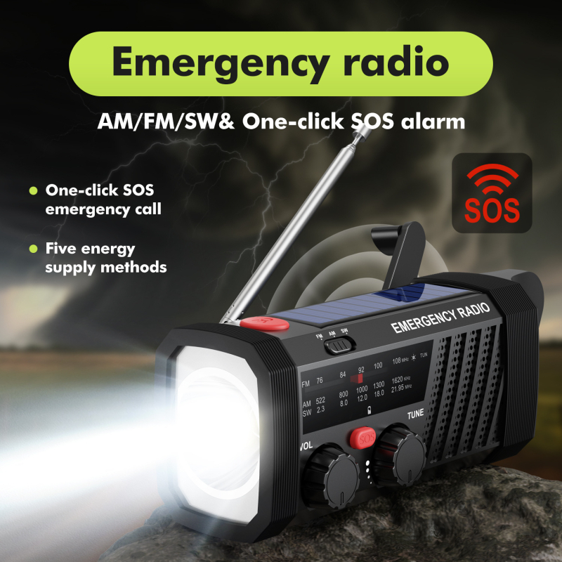 Radio de urgență cu manivelă și încărcare solară, lanternă LED, dispozitiv portabil multi-band pentru exterior