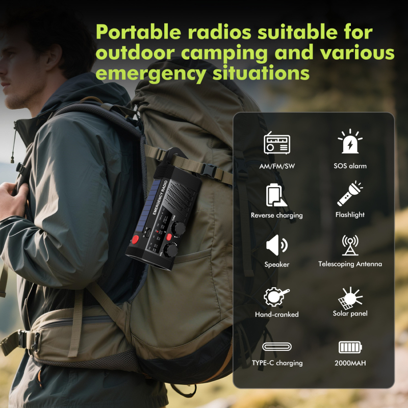 Radio de urgență cu manivelă și încărcare solară, lanternă LED, dispozitiv portabil multi-band pentru exterior