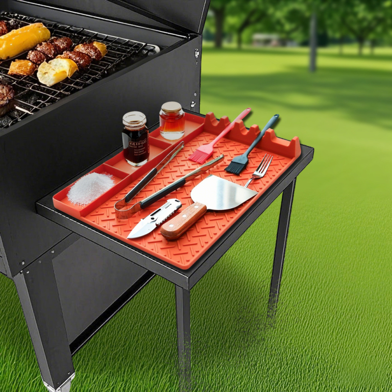 Covoraș din silicon pentru uneltele de barbecue, protecție pentru grătar, anti-arzuri, antiderapant, ușor de curățat, covoraș negru în stil piatră pentru grătar