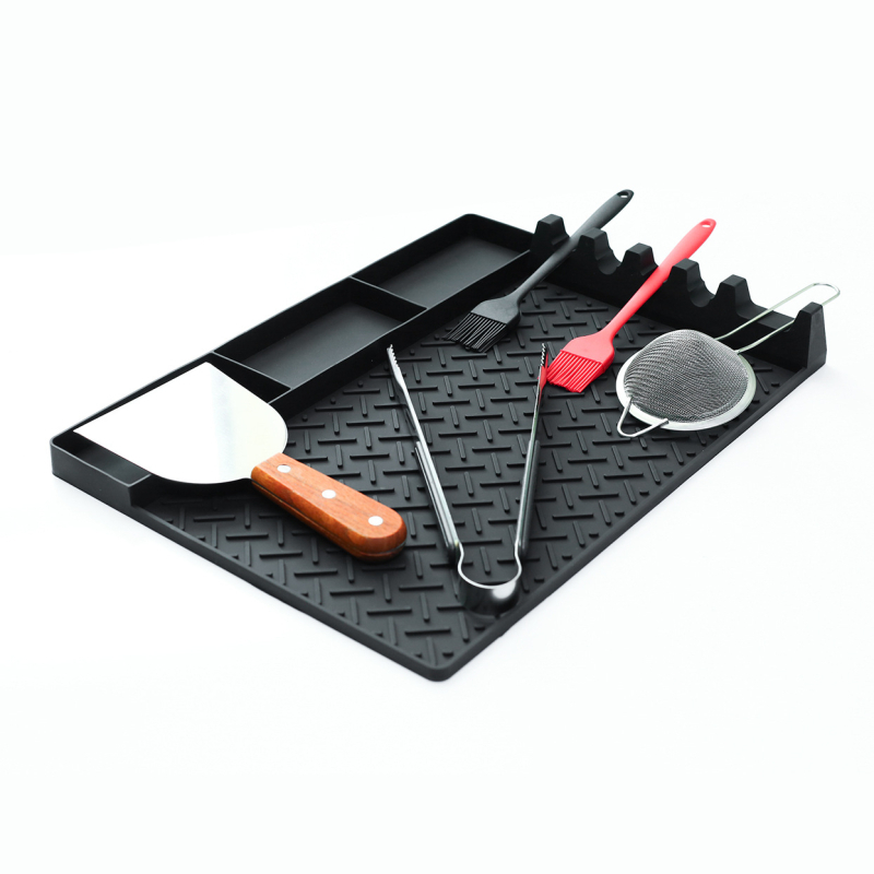Covoraș din silicon pentru uneltele de barbecue, protecție pentru grătar, anti-arzuri, antiderapant, ușor de curățat, covoraș negru în stil piatră pentru grătar