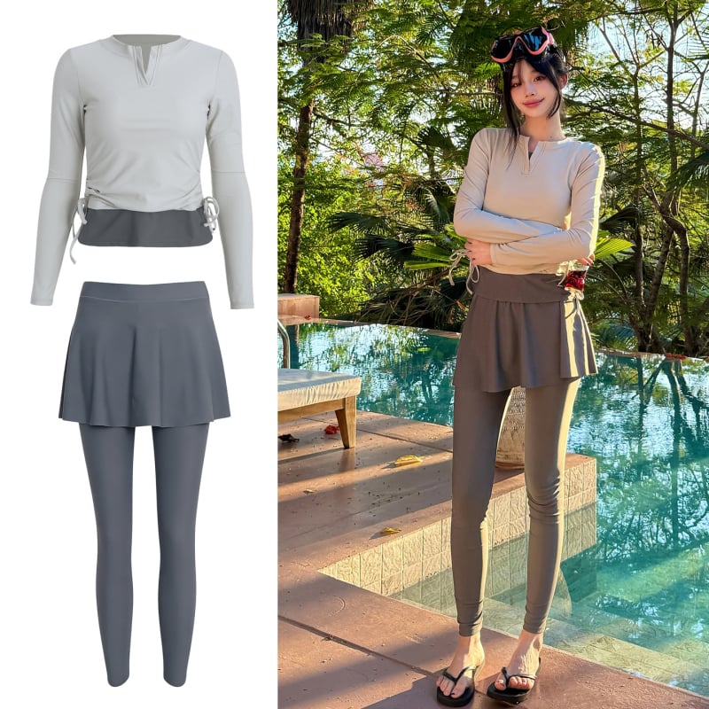 Costum de baie pentru scufundări femei, model 2026, croială conservatoare, acoperă burta, din două piese cu mâneci lungi și pantaloni lungi, protecție solară, pentru surfing și ape termale.