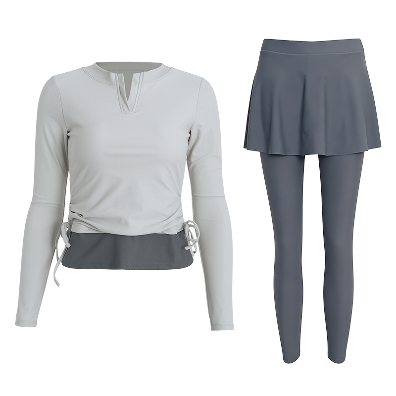Costum de baie pentru scufundări femei, model 2026, croială conservatoare, acoperă burta, din două piese cu mâneci lungi și pantaloni lungi, protecție solară, pentru surfing și ape termale.