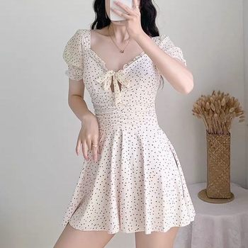 Costum de baie întreg, cu fustă în stil rochie, subțiază talia, acoperă burta, evidențiază sânii mici, imprimeu cu buline, pentru băi termale, stil sport pentru femei, mini fustă