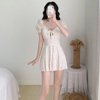 Costum de baie întreg, cu fustă în stil rochie, subțiază talia, acoperă burta, evidențiază sânii mici, imprimeu cu buline, pentru băi termale, stil sport pentru femei, mini fustă