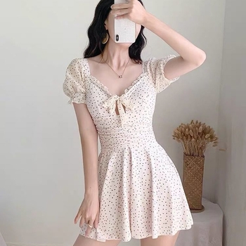 Costum de baie întreg, cu fustă în stil rochie, subțiază talia, acoperă burta, evidențiază sânii mici, imprimeu cu buline, pentru băi termale, stil sport pentru femei, mini fustă