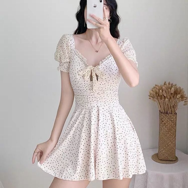 Costum de baie întreg, cu fustă în stil rochie, subțiază talia, acoperă burta, evidențiază sânii mici, imprimeu cu buline, pentru băi termale, stil sport pentru femei, mini fustă