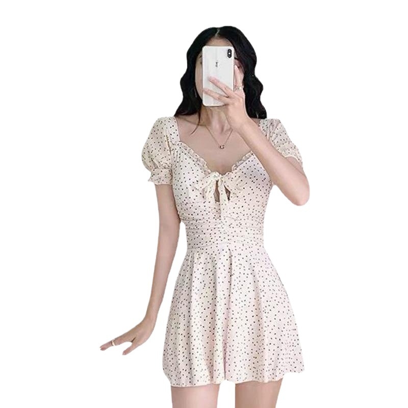 Costum de baie întreg, cu fustă în stil rochie, subțiază talia, acoperă burta, evidențiază sânii mici, imprimeu cu buline, pentru băi termale, stil sport pentru femei, mini fustă