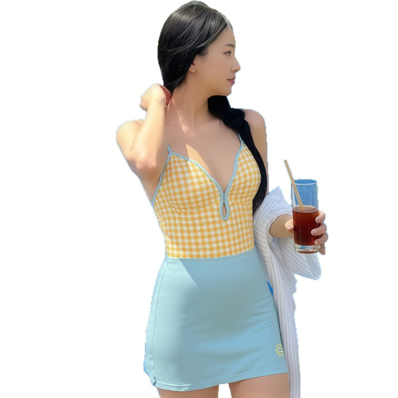 Costum de baie întreg cu model grilă, burete pentru bust, pentru bust mic, stil spa de vacanță