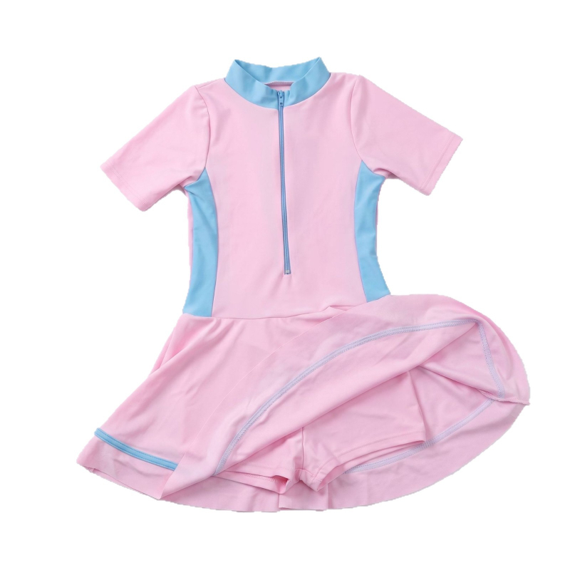 Costum de baie roz pentru fetițe, dintr-o singură piesă, cu fustă integrată, uscare rapidă, elasticitate ridicată