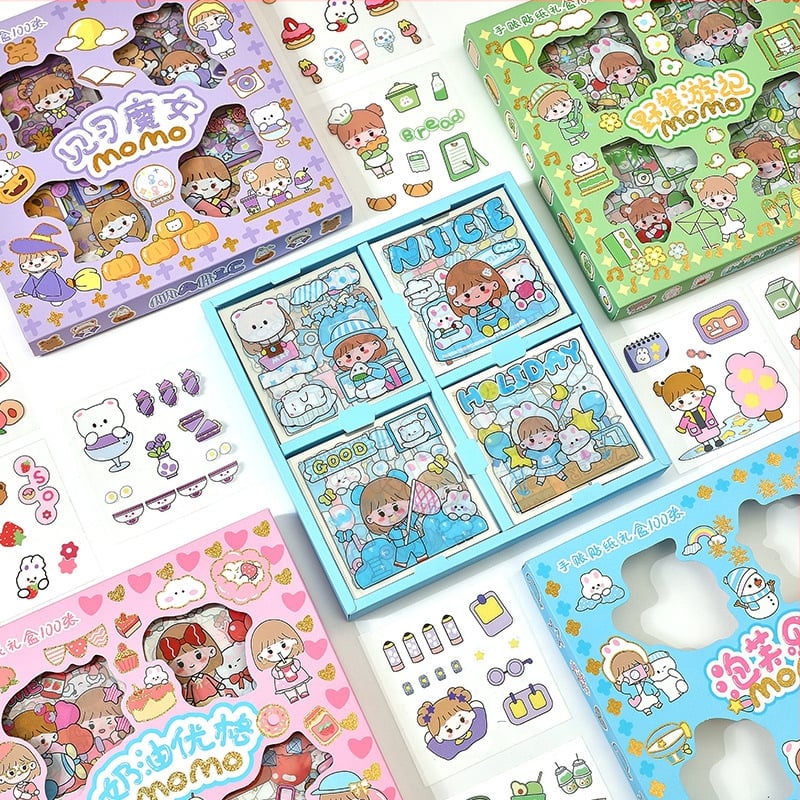 Set de 100 autocolante pentru jurnal, PET transparent, personaje de desene animate, impermeabile, fără reziduuri, decor DIY