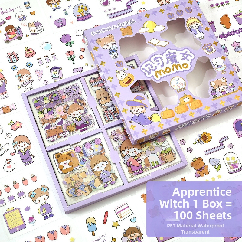 Set de 100 autocolante pentru jurnal, PET transparent, personaje de desene animate, impermeabile, fără reziduuri, decor DIY