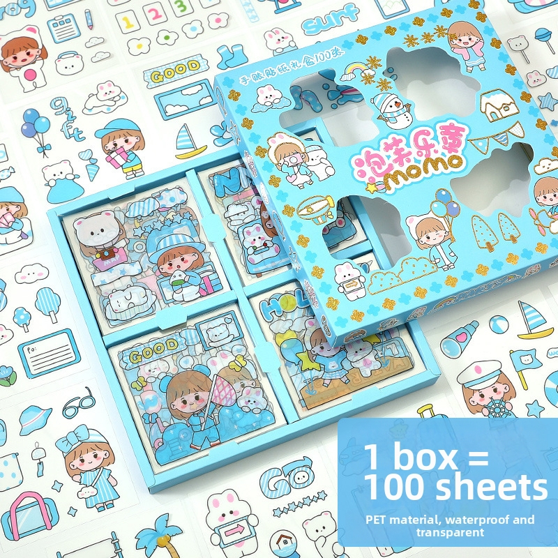 Set de 100 autocolante pentru jurnal, PET transparent, personaje de desene animate, impermeabile, fără reziduuri, decor DIY