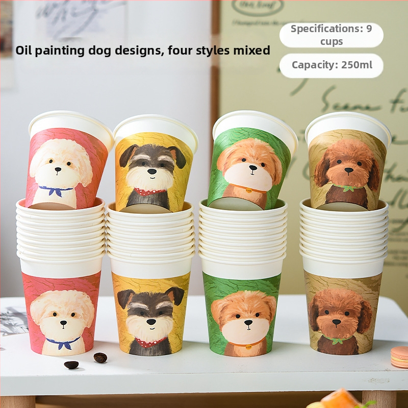 Cupe de hârtie de unică folosință în stil pictură în ulei, cu pui drăguț, 250 ml, grosime mai mare, pentru uz casnic, model cartoon, cutie cu 50 bucăți