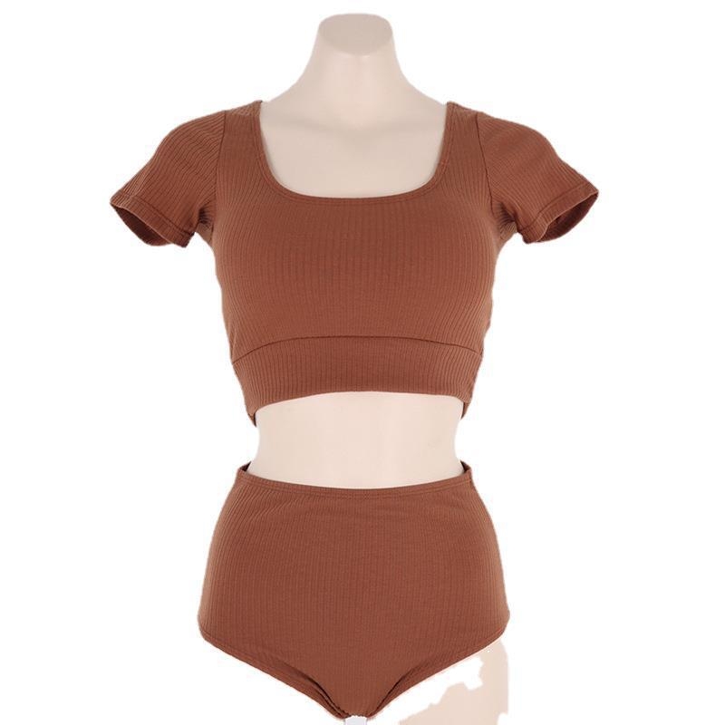 Model nou 2022: costum de baie două piese cu mâneci scurte și talie înaltă, care subțiază abdomenul, pentru spa și vacanțe la plajă