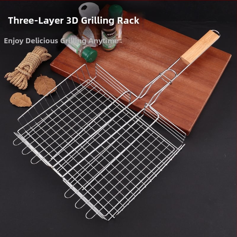 Rețea de grătar 3D cu trei straturi, clemă electroplată pentru grătar, grilă pătrată pentru carne și pește, instrument portabil pentru camping