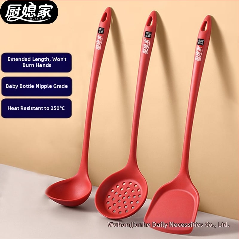Set spatule din silicon cu mâner lung pentru tigăi antiaderente – spatulă, lingură de supă și lingură cu sită