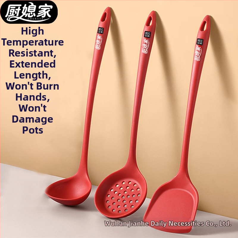 Set spatule din silicon cu mâner lung pentru tigăi antiaderente – spatulă, lingură de supă și lingură cu sită