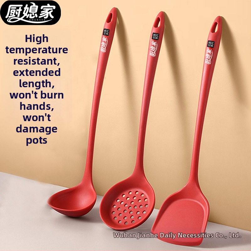 Set spatule din silicon cu mâner lung pentru tigăi antiaderente – spatulă, lingură de supă și lingură cu sită